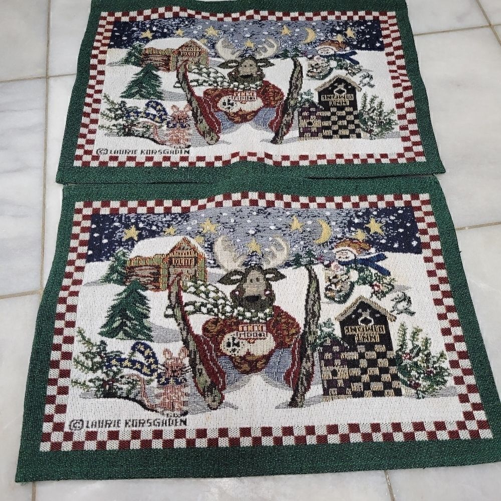 Lorie Korsgaden Cottage Cozy Moose Ski Christmas Embroidery Placemats, set of 2